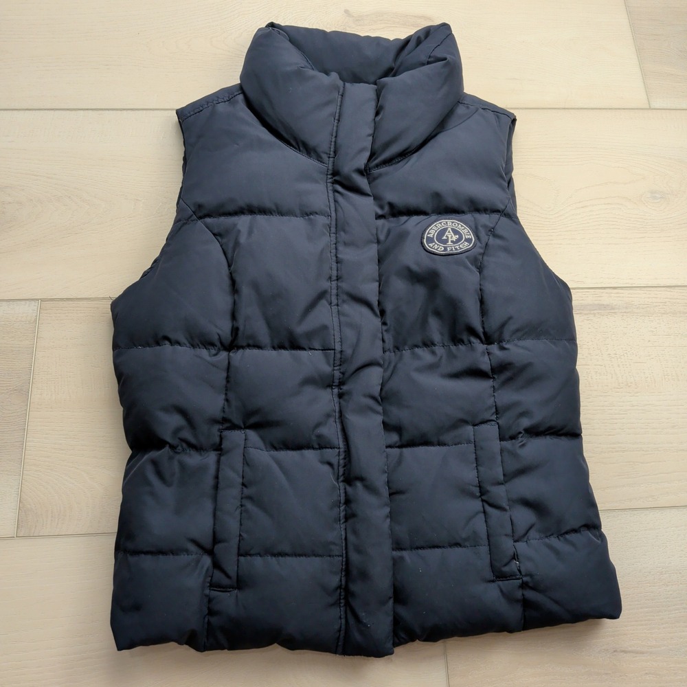 Abercrombie & Fitch Down Puffer Vest Womens L Navy Blue Logo Patch Sleeveless